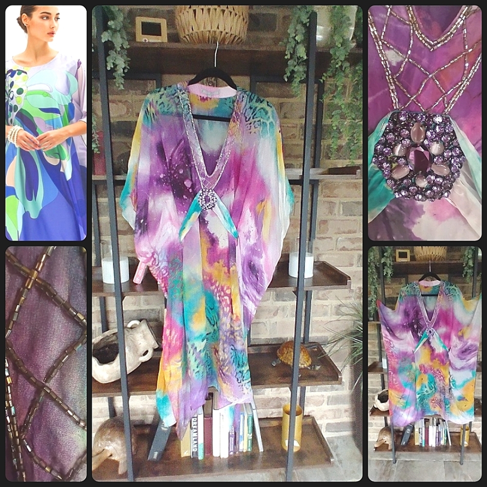 Dress 100% SILK Chiffon NWOT Cover up/Kaftan Maxi Dress Gown Robe
